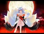  bare_legs bare_shoulders barefoot beads breasts cleavage crossed_legs feet fire flower fox_ears fox_tail hair_flower hair_ornament hoshi_no_tama inari jewelry kimono kitsune large_breasts legs legs_crossed letterboxed long_hair moon multiple_tails necklace night original red_eyes silver_hair sitting smile solo stars tail white_hair windtalker 