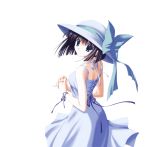  black_hair blue_dress blue_eyes bow copyright_request dress hands_together hat highres looking_back nanao_naru ribbon short_hair smile solo sun_hat sundress 