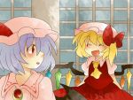  :d aenobas ascot blonde_hair bow brooch comic flandre_scarlet hair_bow hammer_(sunset_beach) hat jewelry lavender_hair looking_back multiple_girls open_mouth red_eyes remilia_scarlet short_hair siblings side_ponytail silent_comic sisters smile touhou wings 