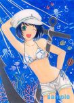  ;d acrylic_paint_(medium) anchor aqua_eyes bikini black_hair blue_hair breasts bubble cleavage colored_pencil_(medium) coral fish hand_behind_head hat highres hishaku jellyfish leaning looking_at_viewer marituin murasa_minamitsu open_fly open_mouth pastel_(medium) sailor_hat sample shiny shiny_skin shorts side-tie_bikini smile solo swimsuit swimsuit_under_clothes touhou traditional_media unbuttoned underwater unzipped wink 