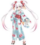  :d absurdres albino alternate_costume bag bow child cross_edge eruma feet fish flat_chest goldfish gradient_hair hair_bow hand_on_hip highres hips japanese_clothes kimono long_hair long_sleeves multicolored_hair obi official_art open_mouth pink_eyes pink_hair sandals simple_background smile solo standing tsunako twintails very_long_hair white_hair yukata 