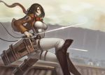  1girl black_eyes black_hair blade boots breasts building cable dual_wielding emblem evan_yang highres jacket knee_boots large_breasts mikasa_ackerman pants parted_lips scarf serious shingeki_no_kyojin short_hair signature solo suspenders sword thigh_strap three-dimensional_maneuver_gear wall weapon 