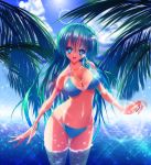  1girl bad_anatomy bad_hands bad_proportions bikini blue_eyes frog green_hair highres kochiya_sanae long_hair open_mouth smile snake solo sousakubito submerged swimsuit touhou 