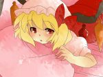  aenobas blonde_hair bow comic flandre_scarlet hair_bow hammer_(sunset_beach) hat lying on_stomach pillow red_eyes short_hair side_ponytail silent_comic solo touhou wings 