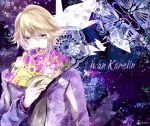  alyssa718 bad_id blonde_hair fan folding_fan ivan_karelin jacket letterman_jacket male origami paper_crane purple_eyes purple_jacket short_hair solo tiger_&amp;_bunny violet_eyes 