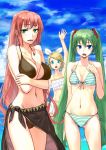  aqua_eyes arm_up between_breasts bikini blonde_hair blue_eyes breasts chourui_keiko cloud front-tie_top green_eyes green_hair hair_ornament hairclip hatsune_miku highres kagamine_rin large_breasts long_hair megurine_luka multiple_girls navel open_mouth red_hair redhead sarong short_hair side-tie_bikini skindentation sky striped striped_bikini striped_swimsuit swimsuit twintails very_long_hair vocaloid 