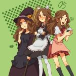  apron bad_id blush broom brown_eyes brown_hair food hat inazuma_eleven inazuma_eleven_(series) long_hair maid mkrnsrd onigiri open_mouth pantyhose raimon_natsumi witch witch_hat 