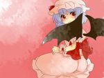 aenobas bow comic dress hammer_(sunset_beach) hat large_bow lavender_hair looking_back red_eyes remilia_scarlet short_hair silent_comic sitting smile solo touhou wings wrist_cuffs 