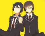  black_hair blue_eyes brown_hair glasses headphones holding_hands necktie okumura_rin okumura_yukio striped striped_necktie ws_(pixiv) 