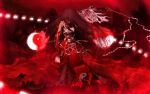  adapted_costume alternate_weapon blood brown_hair chama_(painter) epic fingerless_gloves gloves glowing glowing_eyes gohei hair_tubes hakurei_reimu highres injury long_hair no_shirt ofuda outstretched_arm payot red red_eyes sarashi solo tattoo torn_clothes touhou weapon yin_yang 