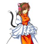  alternate_costume animal_ears brown_hair cat_ears chen dress flower frilled_dress frills hair_flower hair_ornament hands_in_sleeves imomusya multiple_tails red_eyes sketch tail touhou wink 