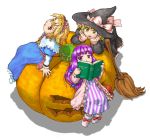  7b_(tensei_shuuseki) alice_margatroid arm_support blonde_hair book broom chin_rest dress from_above hat kirisame_marisa long_hair multiple_girls open_mouth patchouli_knowledge pumpkin purple_eyes purple_hair reading red_eyes short_hair sitting touhou violet_eyes witch witch_hat yellow_eyes 