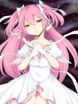  bad_id breasts choker cleavage dress gloves goddess goddess_madoka hair_ribbon hands_on_own_chest hands_to_chest harushin kaname_madoka legs long_hair magical_girl mahou_shoujo_madoka_magica pink_hair ribbon smile solo spoilers twintails ultimate_madoka yellow_eyes 