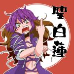  angry aono3 breasts brown_eyes brown_hair bust cleavage gradient_hair hijiri_byakuren long_hair middle_finger mound_of_venus multicolored_hair no_bra open_clothes purple_hair solo touhou translated two-tone_hair 