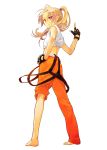  barefoot blonde_hair character_request copyright_request fingerless_gloves flat_chest gloves hand_on_hip long_hair looking_back midriff natsume_(1-pico) ponytail red_eyes simple_background sleeveless slender solo standing suspenders tied_shirt 