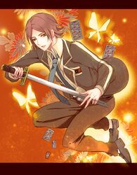  bad_id brown_eyes brown_hair butterfly card falling_card flower katana letterboxed male necktie persona persona_2 school_uniform shoko_makiko solo suou_tatsuya sword weapon 