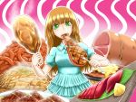  blonde_hair boned_meat bones_meat character_request chicken dress eating fish food fork green_eyes ham meat moekko_monster original pork sausage steak sumeshi 