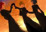  bad_id black_gloves black_hair blonde_hair cloak closed_eyes cloud eyes_closed facial_mark gloves grin hand_holding holding_hands kikori_(soranoura) kingdom_hearts kingdom_hearts_358/2_days laughing open_mouth red_hair redhead roxas short_hair sky smile standing sunset xion_(kingdom_hearts) 