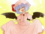  ^_^ aenobas brooch closed_eyes comic dress dress_lift eyes_closed hammer_(sunset_beach) happy hat head_tilt jewelry lavender_hair open_mouth remilia_scarlet short_hair silent_comic skirt_hold smile solo touhou wings 