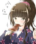  amagami bangs blunt_bangs brown_eyes brown_hair eating food japanese_clothes kamizaki_risa kimono long_hair payot ponytail scrunchie shouji_2 squid translated 