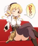  bang blonde_hair couch crossed_legs drill_hair finger_gun fingerless_gloves gloves hat highres magical_girl mahou_shoujo_madoka_magica panties romaji shoot sitting skirt smile solo striped striped_legwear thigh-highs thighhighs tomoe_mami twin_drills underwear vertical-striped_legwear vertical_stripes wink yamasan yellow_eyes zettai_ryouiki 