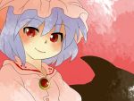 aenobas brooch comic hammer_(sunset_beach) hat jewelry lavender_hair red_eyes remilia_scarlet short_hair silent_comic smile solo touhou wings 