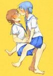  aioi_yuuko barefoot blue_hair blush brown_eyes brown_hair closed_eyes eyes_closed feet multiple_girls naganohara_mio necktie nichijou nose_kiss school_uniform short_twintails tamagogogo twintails yuri 