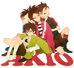  age_regression ball brown_hair footwear fudou_akio green_eyes inazuma_eleven inazuma_eleven_(series) inazuma_eleven_go inazuma_japan jacket mohawk multiple_persona ono_(0_no) pants shin_teikoku shirt short_hair smile soccer_ball soccer_uniform socks striped striped_shirt 