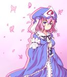  blue_eyes breasts butterfly cherry_blossoms ghost hat japanese_clothes moisture moisture_(chichi) petals pink_hair purple_eyes saigyouji_yuyuko short_hair smile solo touhou triangular_headpiece 