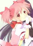  akemi_homura aruki gloves hand_holding holding_hands hug kaname_madoka light_smile looking_back magical_girl mahou_shoujo_madoka_magica multiple_girls pink_eyes pink_hair smile twintails white_gloves yuri 