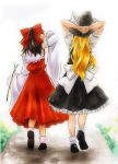  arms_behind_head back beniyaorin blonde_hair bow brown_hair detached_sleeves hair_bow hakurei_reimu hat highres kirisame_marisa long_hair marker_(medium) miko mixed_media multiple_girls short_hair standing touhou traditional_media walking witch witch_hat 