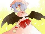  aenobas bow comic dress from_behind hammer_(sunset_beach) hat large_bow lavender_hair looking_back open_mouth red_eyes remilia_scarlet short_hair silent_comic solo touhou wings wrist_cuffs 