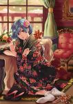  blue_hair curtains flower hair_flower hair_ornament japanese_clothes kimono original red_eyes short_hair skoooon solo 