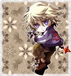  blonde_hair boots chibi ivan_karelin jacket letterman_jacket male miya_daisuke origami purple_eyes purple_jacket short_hair shuriken solo tiger_&amp;_bunny violet_eyes weapon 