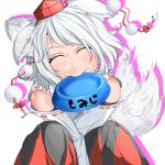  animal_ears bowl closed_eyes dekorute detached_sleeves ear_wiggle eyes_closed hat highres inubashiri_momiji mouth_hold skitty solo tail tail_wagging tokin_hat touhou v_arms wolf_ears wolf_tail 
