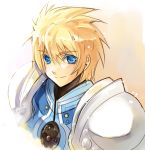  armor bad_id bishounen blonde_hair blue_eyes colored_eyelashes flynn_scifo knight lowres male newpe smile solo tales_of_(series) tales_of_vesperia 