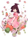  animal animal_ears bad_id black_hair blush bow bowtie bunny bunny_ears carrot dress flower highres inaba_tewi jewelry nanashina necklace pink_dress rabbit red_eyes short_hair smile solo touhou 