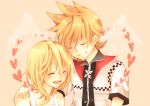  1girl bare_shoulders blonde_hair closed_eyes couple eyes_closed hand_on_shoulder heart jacket kingdom_hearts kingdom_hearts_ii long_hair namine open_mouth roxas short_hair simple_background smile spiked_hair spiky_hair uu_(13949795) wings 