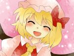  :d aenobas ascot blonde_hair bow closed_eyes comic dutch_angle eyes_closed flandre_scarlet hair_bow hammer_(sunset_beach) hat open_mouth short_hair side_ponytail silent_comic smile solo the_embodiment_of_scarlet_devil touhou wings 