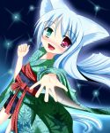  animal_ears arm_up blush cat_ears cat_tail dress green_dress heterochromia highres japanese_clothes kimono kurotu lights long_hair multiple_tails open_mouth original outstretched_hand silver_hair smile solo tail 