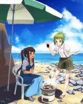  :q amanchu! beach beach_umbrella blue_eyes brown_hair chair clam cooking dress getsumen green_hair grill highres kohinata_hikari multiple_girls ooki_futaba payot plate ponytail purple_hair rock sandals shade shichirin shorts sitting soy_sauce suspenders tongs tongue water yellow_eyes 