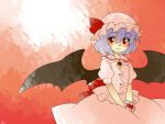  aenobas brooch comic dress hammer_(sunset_beach) hat jewelry lavender_hair red_eyes remilia_scarlet short_hair silent_comic sitting smile solo touhou wings wrist_cuffs 