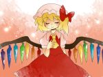  aenobas ascot blonde_hair blouse bow closed_eyes comic eyes_closed flandre_scarlet hair_bow hammer_(sunset_beach) hand_on_own_chest hand_to_chest hat short_hair side_ponytail silent_comic skirt smile solo the_embodiment_of_scarlet_devil touhou wings 
