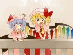  2girls :d aenobas ascot blonde_hair bow brooch comic fang flandre_scarlet hair_bow hammer_(sunset_beach) hat jewelry large_bow lavender_hair multiple_girls open_mouth remilia_scarlet short_hair siblings side_ponytail silent_comic sisters smile surprised touhou wings wrist_cuffs 