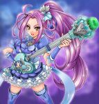  1girl blue_legwear boots breast_rest breasts brooch carried_breast_rest choker cure_beat dress frills guitar hair_ornament hair_ribbon hairpin heart instrument jewelry kurokawa_ellen long_hair love_guitar_rod magical_girl precure purple_background purple_hair ribbon side_ponytail siren_(suite_precure) smile solo suite_precure thigh-highs thigh_boots thighhighs wrist_cuffs yellow_eyes 