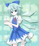  bad_hands blue_eyes blue_hair bow cirno dress hair_bow highres peka ribbon short_hair solo touhou wings 