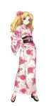  blonde_hair blue_eyes commentary cross_edge floral_print flower gust hair_flower hair_ornament highres hirano_katsuyuki japanese_clothes kimono liliane_vehlendorf long_hair long_sleeves mana_khemia mana_khemia_2 official_art sandals simple_background solo yukata 