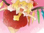  ^_^ aenobas ascot blonde_hair bow closed_eyes comic dress eyes_closed flandre_scarlet hair_bow hammer_(sunset_beach) hat open_mouth running short_hair silent_comic smile solo teeth touhou wings 