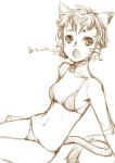  bikini branch_(blackrabbits) cat_ears cat_tail face final_fantasy final_fantasy_xi flat_chest mithra monochrome open_mouth short_hair sketch solo swimsuit tail 
