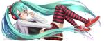 absurdres aqua_eyes blush glasses hatsune_miku headphones highres kocchi_muite_baby_(vocaloid) lying project_diva project_diva_2nd red_eyes shoes skirt smile sneakers solo striped striped_legwear striped_thighhighs takebi thigh-highs thighhighs twintails vocaloid 